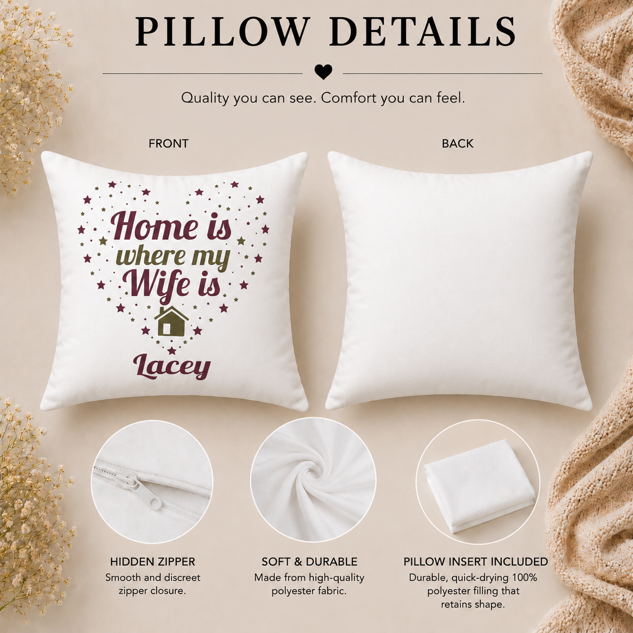 Home Is Where My Wife Is Personalized Pillow - Custom Name Gift for Wife