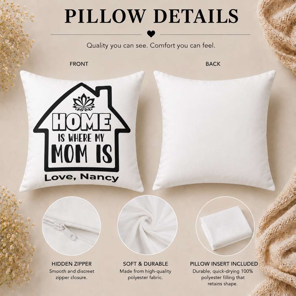 Home Is Where My Mom Is Personalized Pillow - Custom Name Gift for Mom