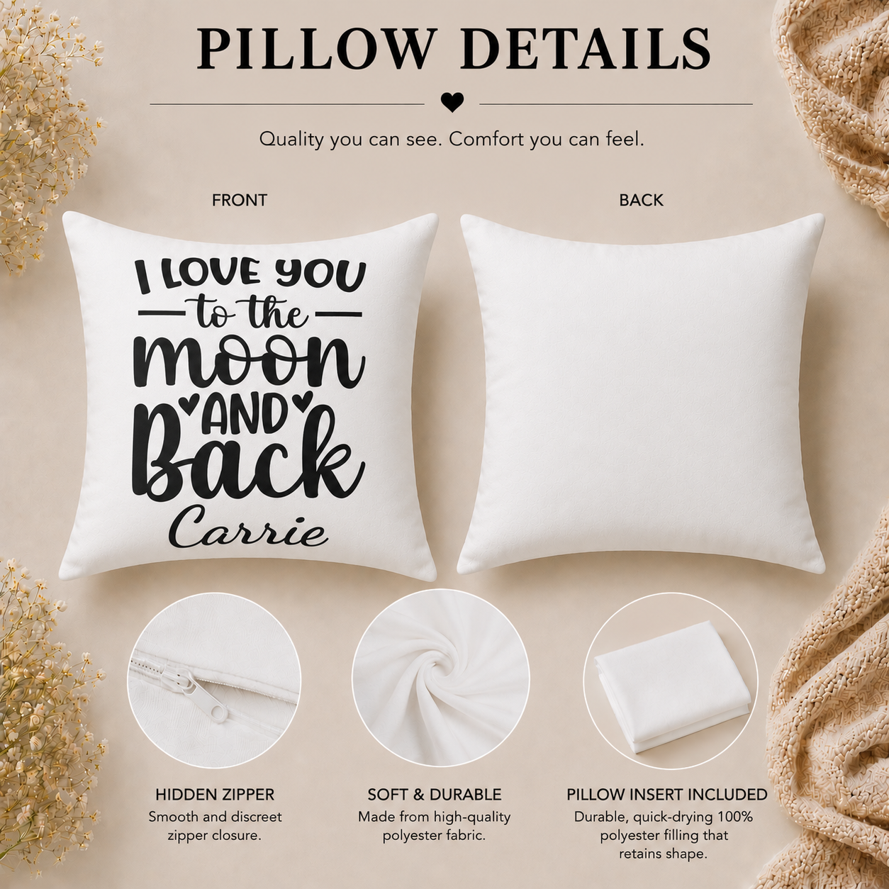 I Love You to the Moon and Back Personalized Pillow - Custom Name Gift for Girlfriend