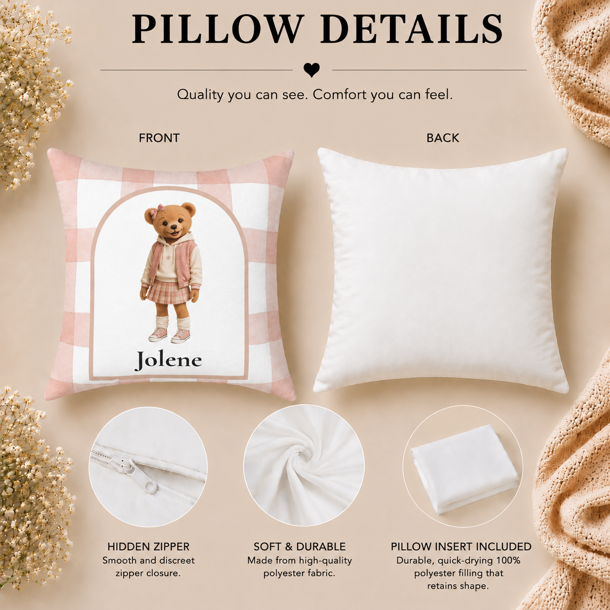 Teddy Bear Girl Personalized Pillow - Custom Name Gift for Baby Girl