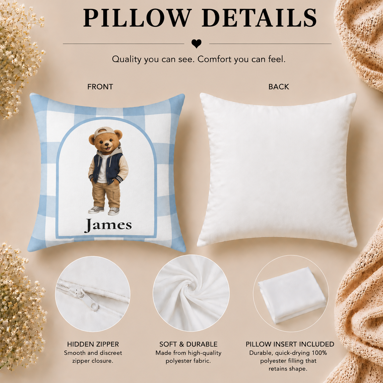 Teddy Bear Boy Personalized Pillow - Custom Name Gift for Baby Boy