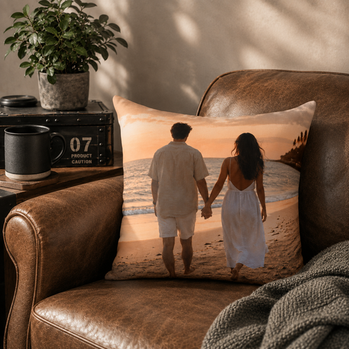 Boyfriend photo pillow lifestyle — personalized picture gift for boyfriend on couch