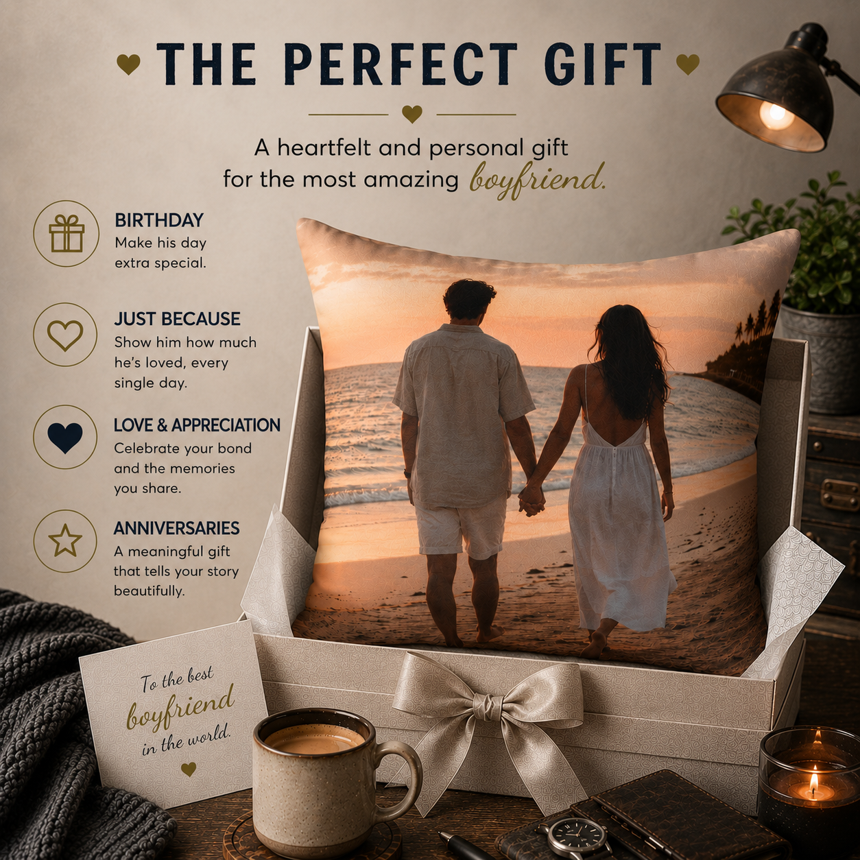 Size comparison 16x16 and 18x18 — boyfriend photo personalized pillow