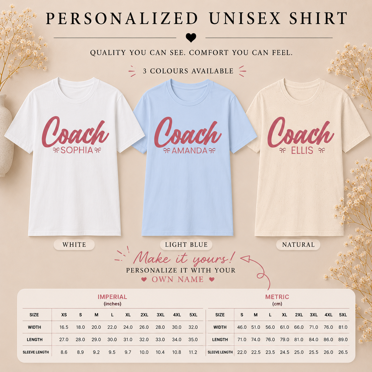 Coach shirt color options — white natural light blue custom name