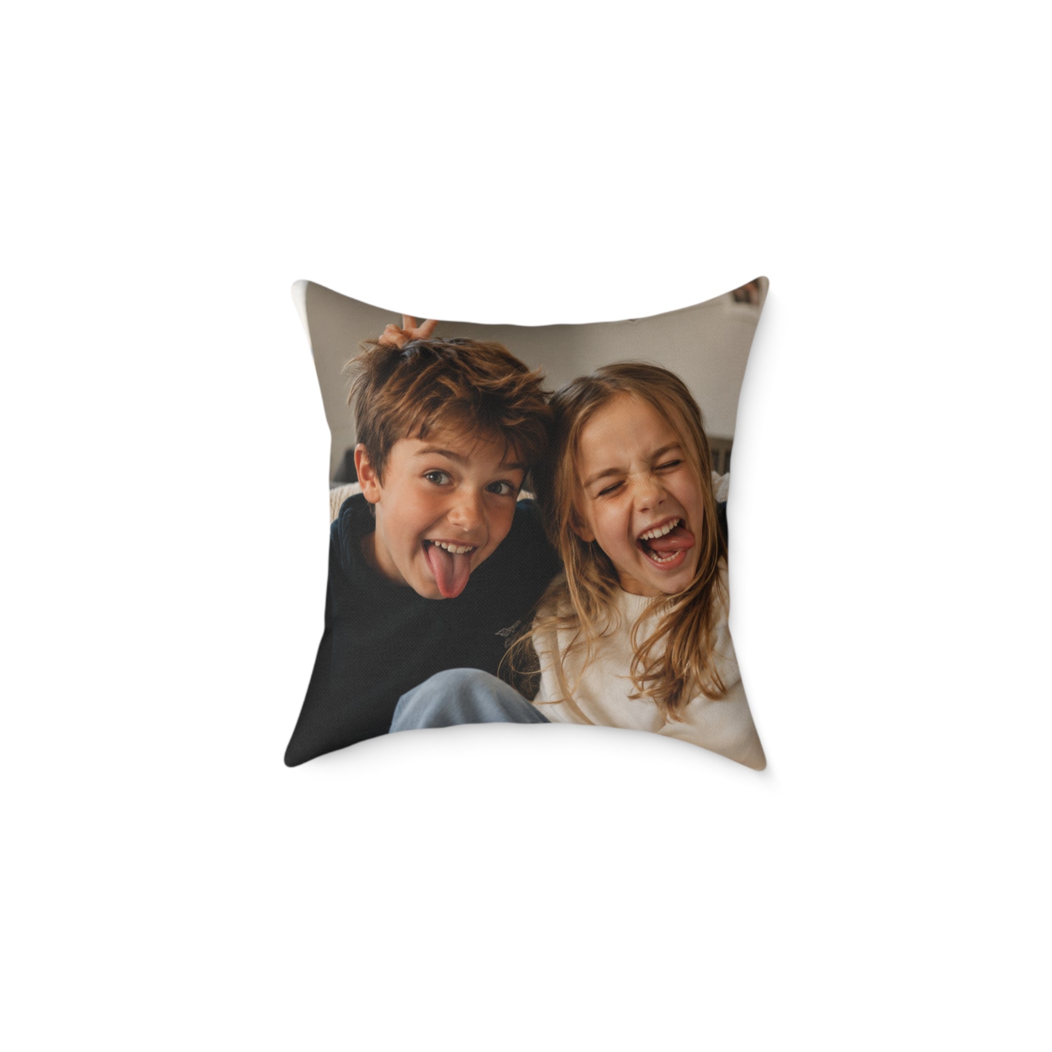 Custom kids photo pillow with two laughing children — personalized family gift idea