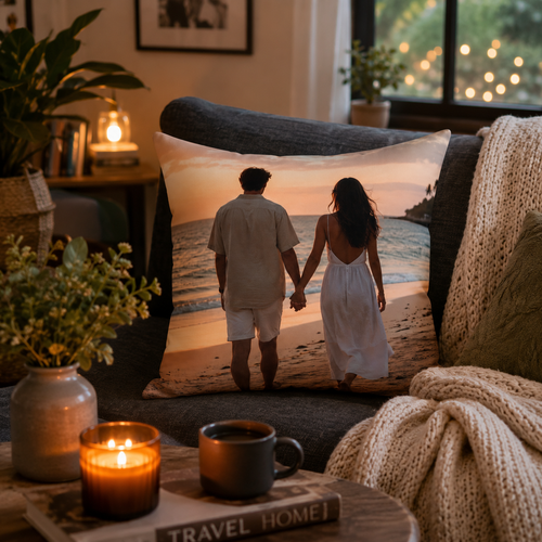 Custom couple photo pillow displayed on a living room sofa — romantic personalized home decor