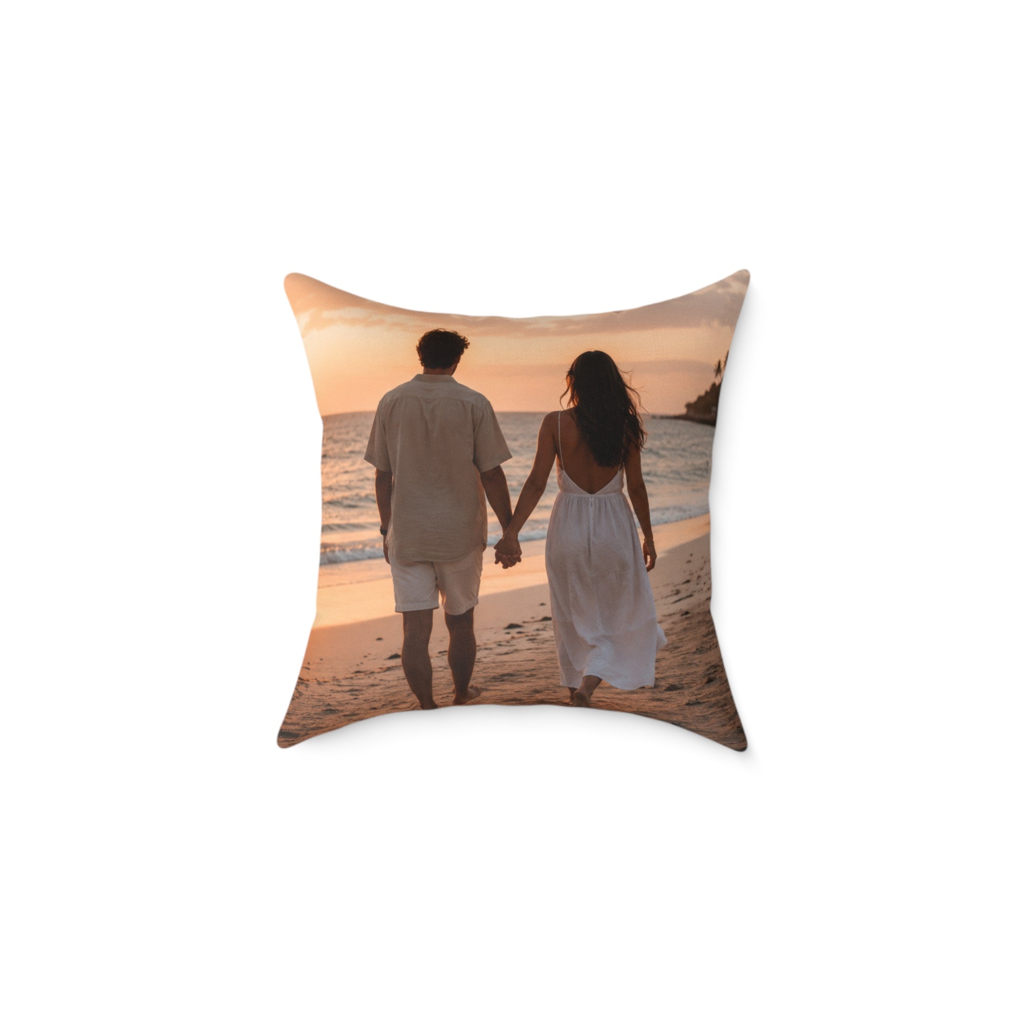 Custom photo pillow with couple walking on beach at sunset — personalized full-bleed print