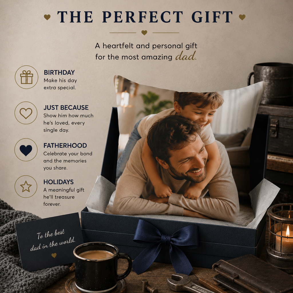 Dad photo pillow lifestyle — personalized picture gift for dad on couch