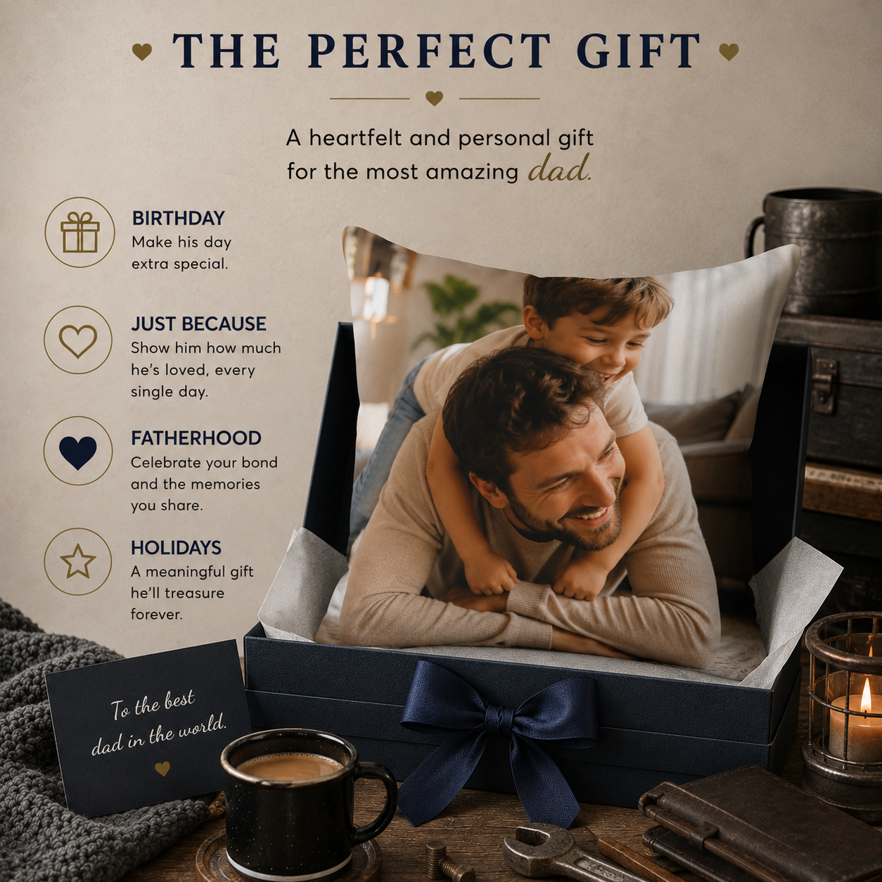 Dad photo pillow lifestyle — personalized picture gift for dad on couch