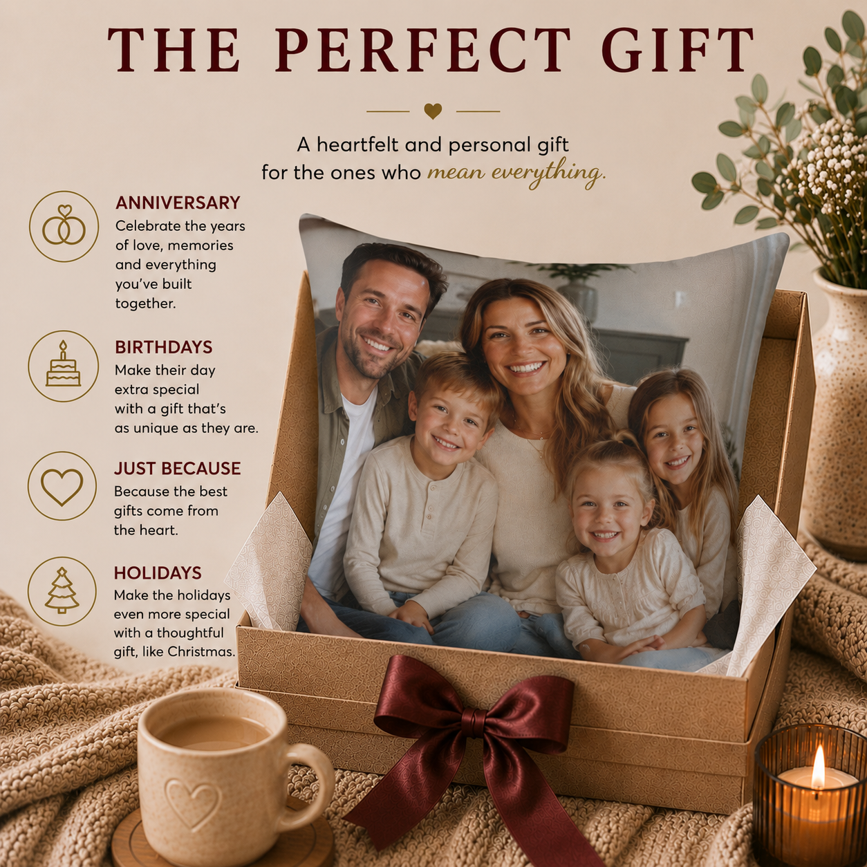 Family photo pillow lifestyle — personalized picture gift for families on couch