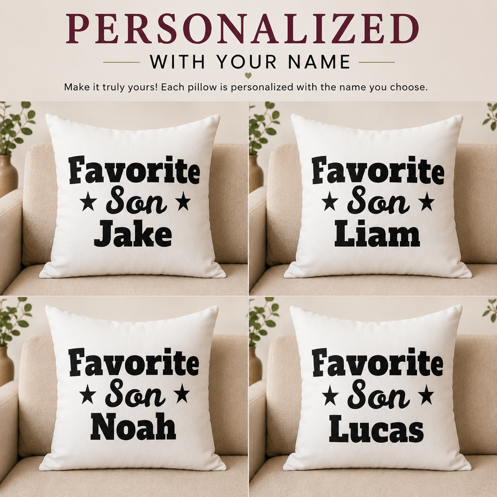Favorite Son pillow lifestyle — custom name gift for son on couch