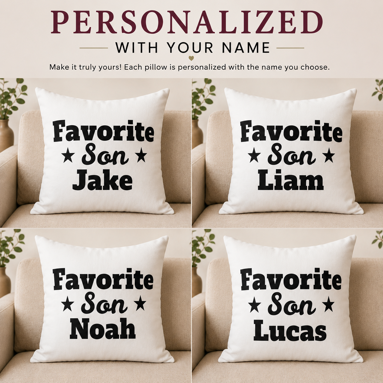 Favorite Son pillow lifestyle — custom name gift for son on couch