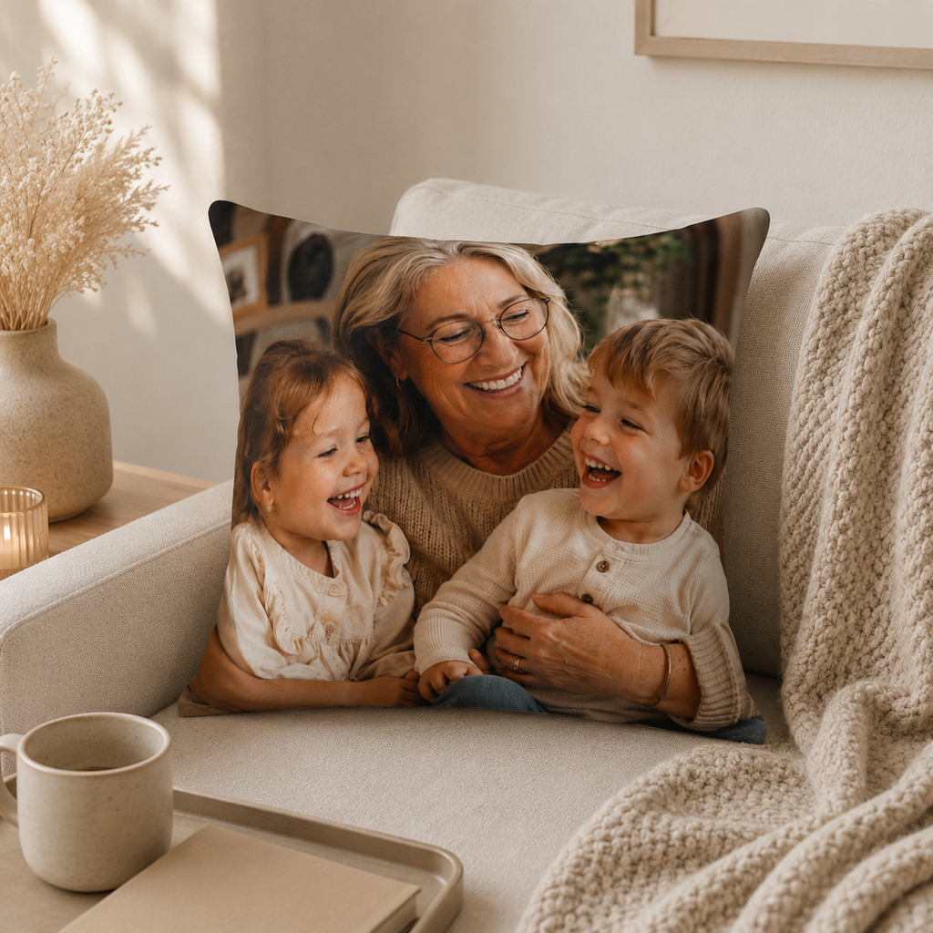 Grandma photo pillow lifestyle — custom picture gift for grandma on couch