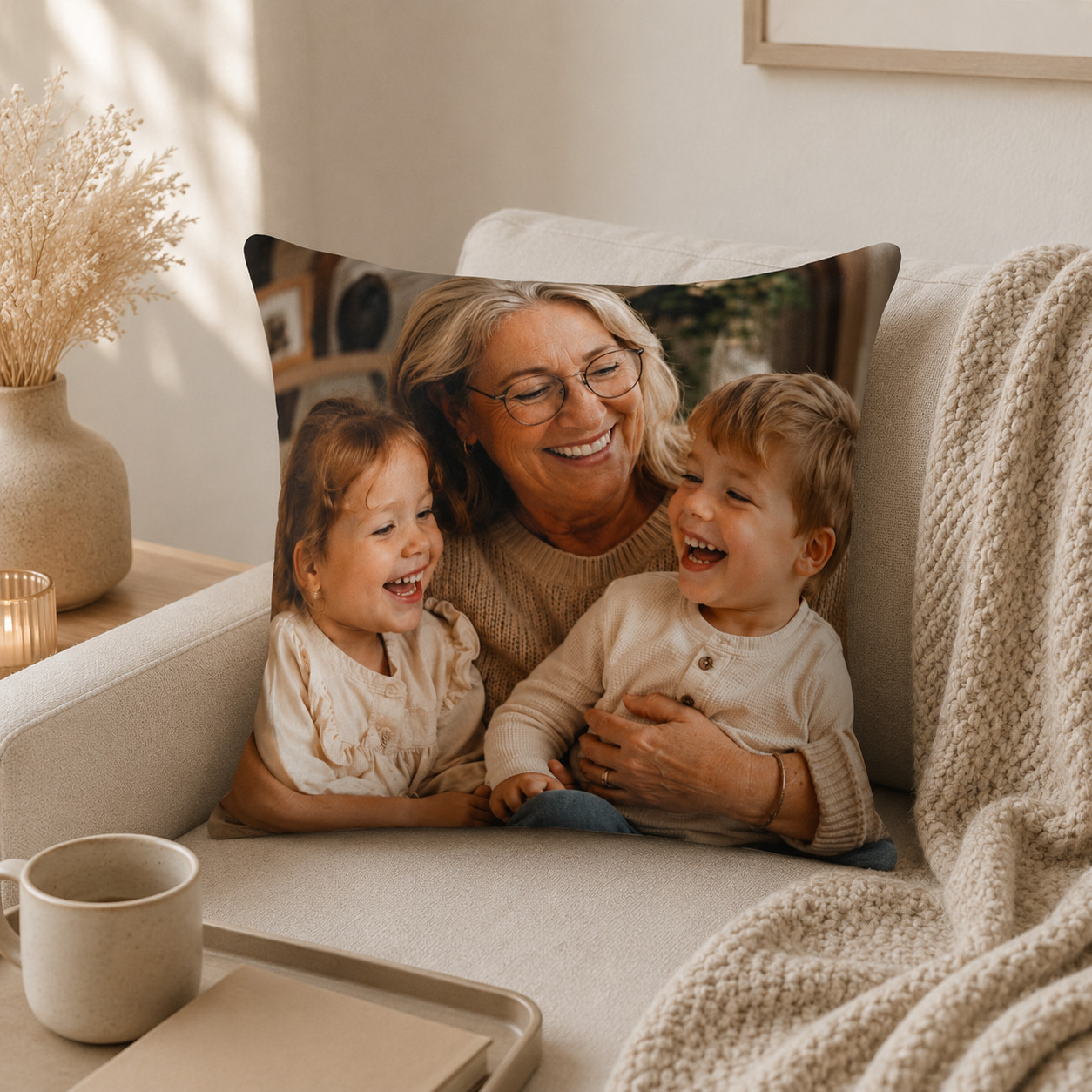 Grandma photo pillow lifestyle — custom picture gift for grandma on couch