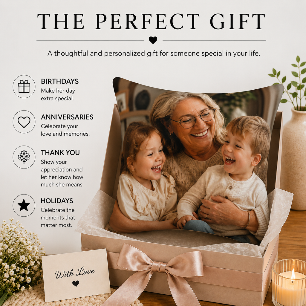Perfect gift infographic — grandma photo personalized pillow