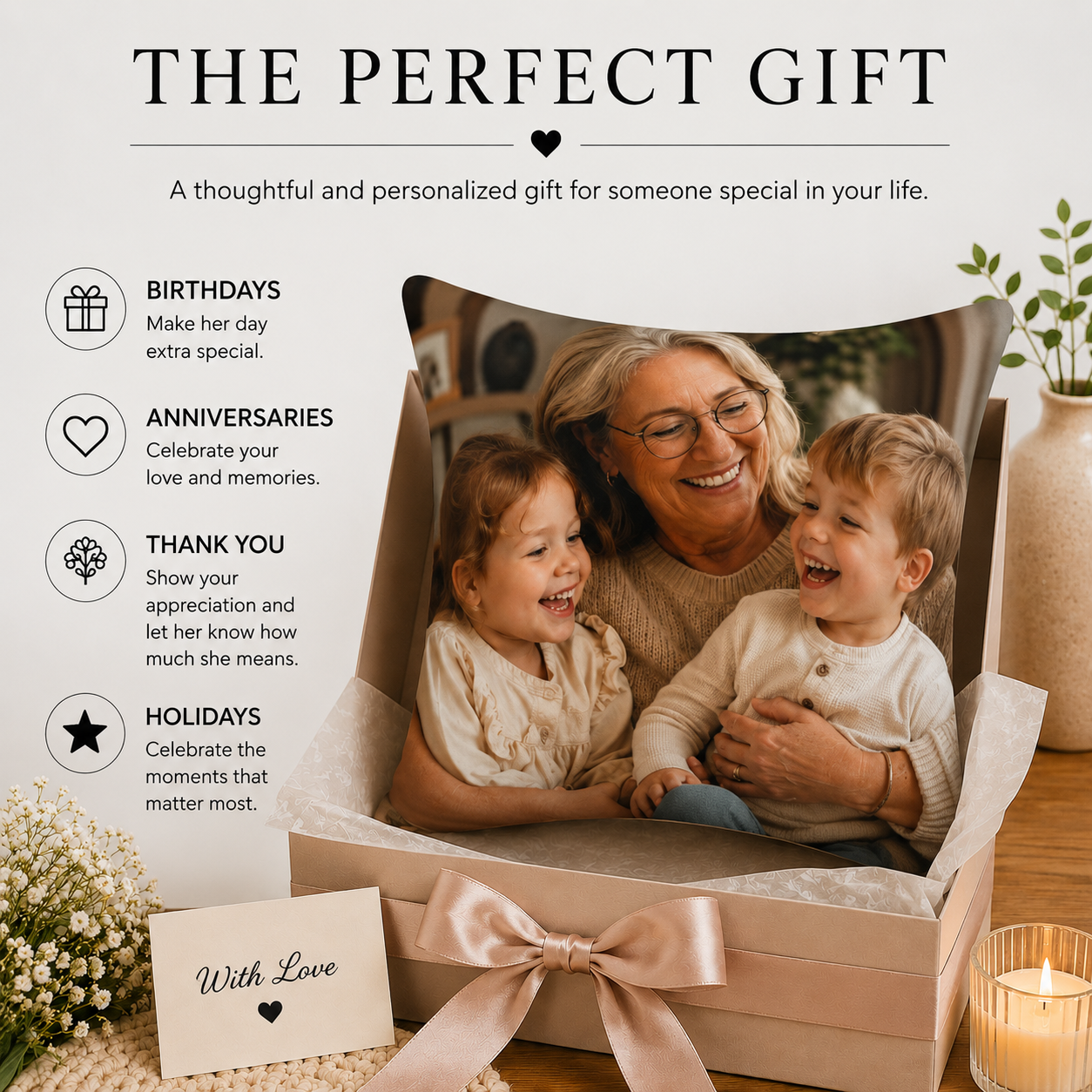 Perfect gift infographic — grandma photo personalized pillow