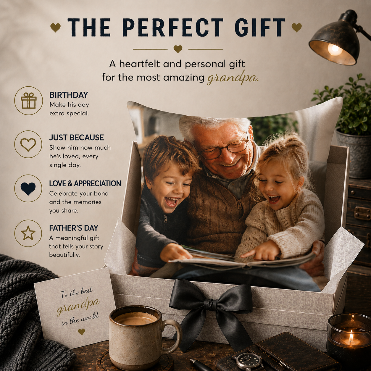 Perfect gift infographic — grandpa photo personalized pillow custom picture