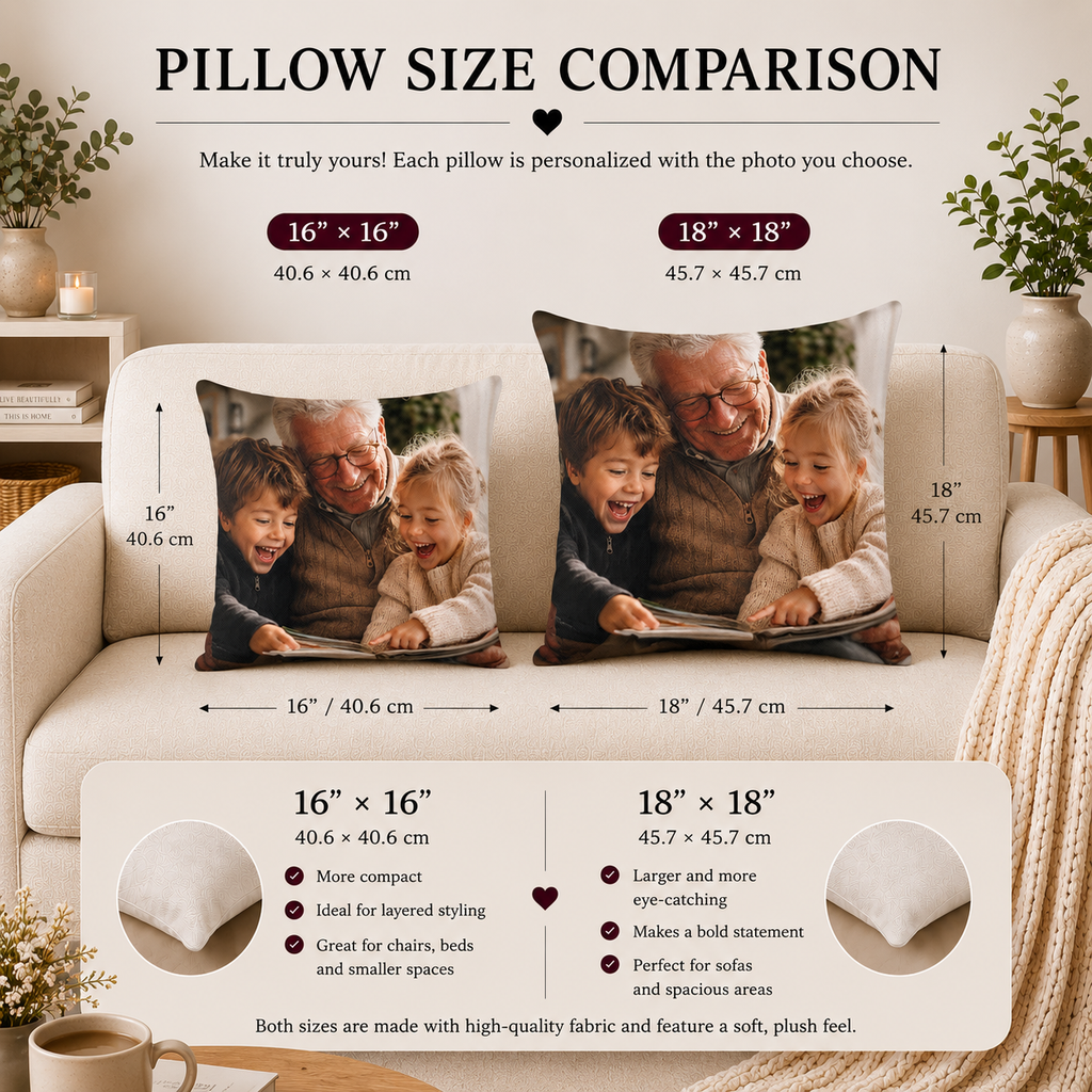 Size comparison 16x16 and 18x18 — grandpa photo personalized pillow alt view