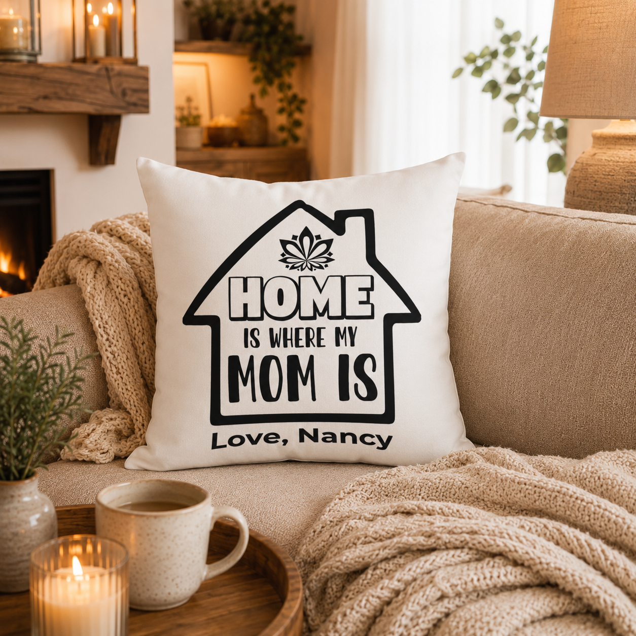 Close-up of house outline and personalized name detail on mom pillow