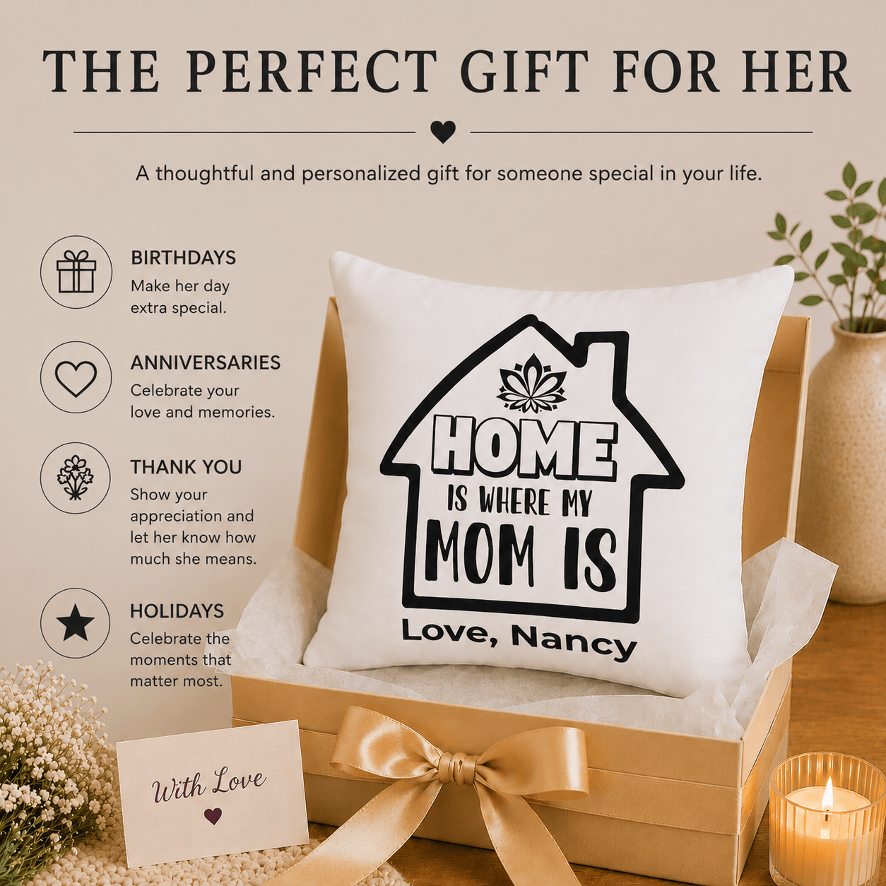 Perfect gift infographic for personalized mom pillow — custom name throw pillow