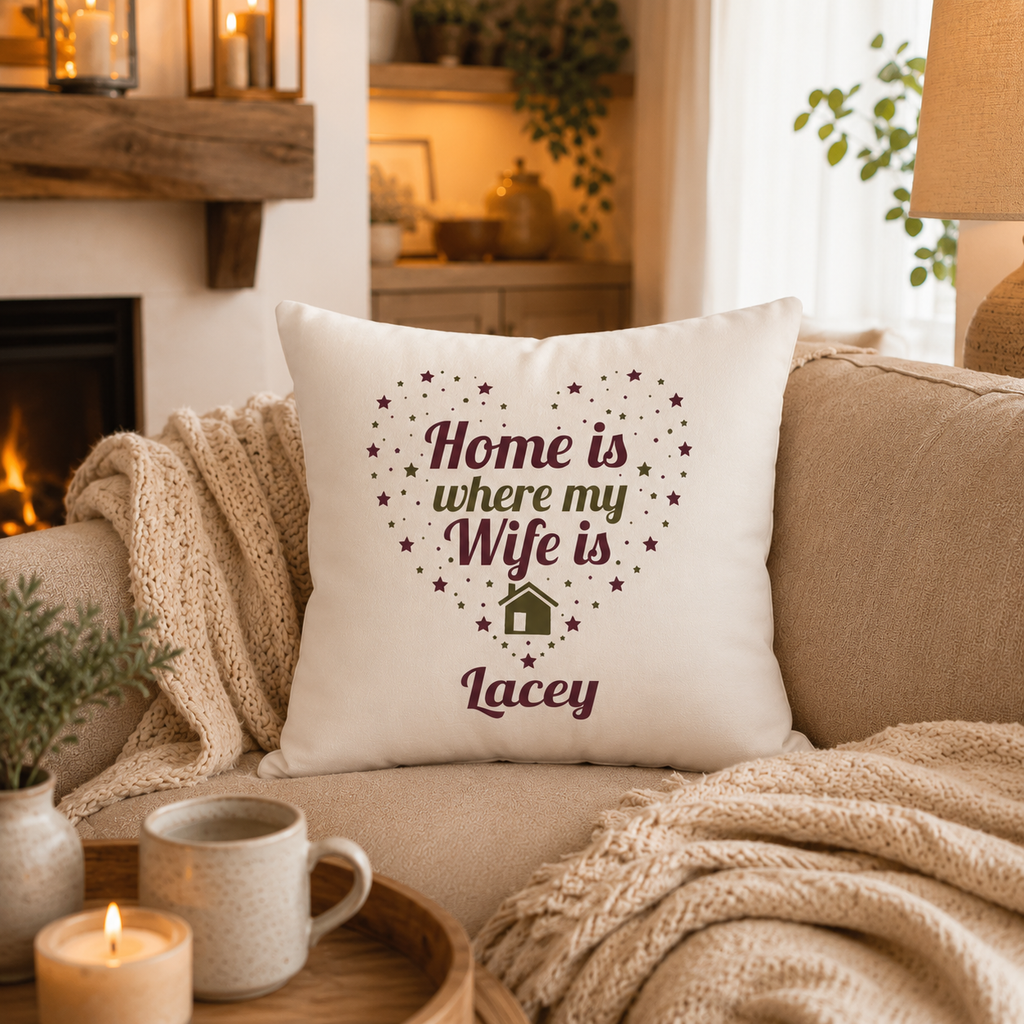 Close-up of star heart design and personalized name on wife pillow