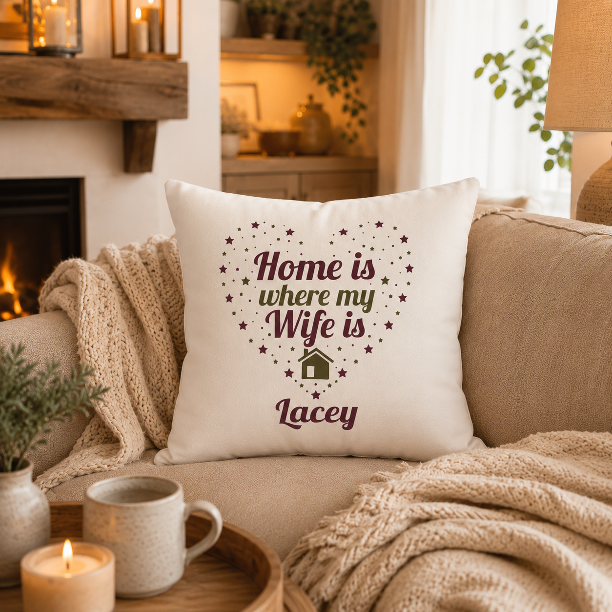 Close-up of star heart design and personalized name on wife pillow