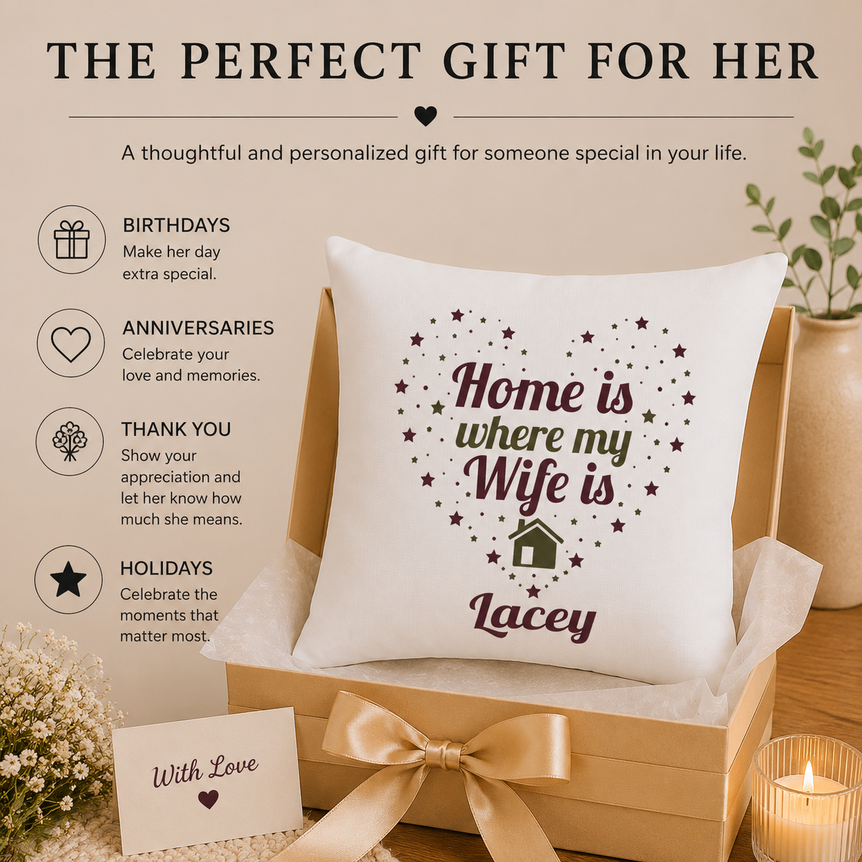 Perfect gift infographic for personalized wife pillow — custom name throw pillow