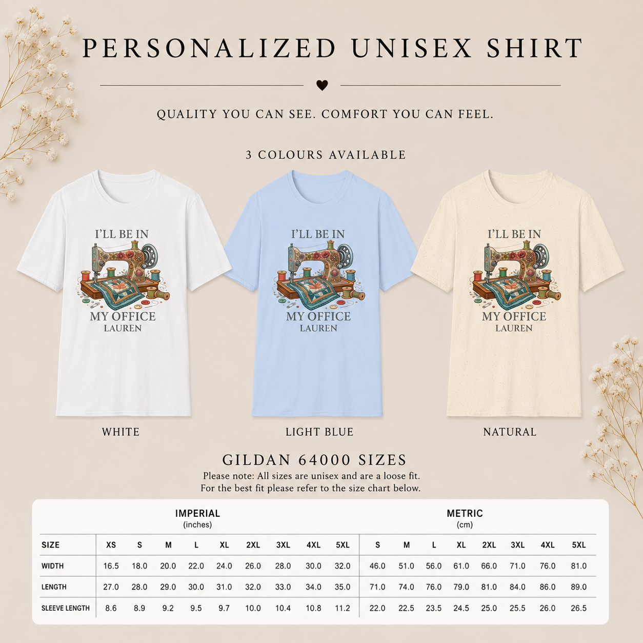 I'll Be in My Office shirt size guide — S to 2XL personalized name shirt