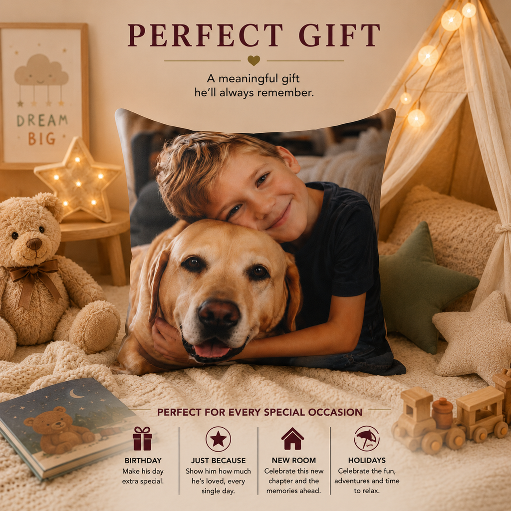 Kids photo pillow personalized gift infographic — custom picture for kids