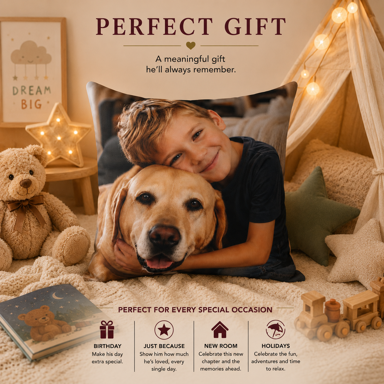 Kids photo pillow personalized gift infographic — custom picture for kids