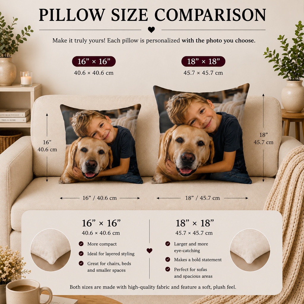 Size comparison 16x16 and 18x18 — kids and dog photo personalized pillow
