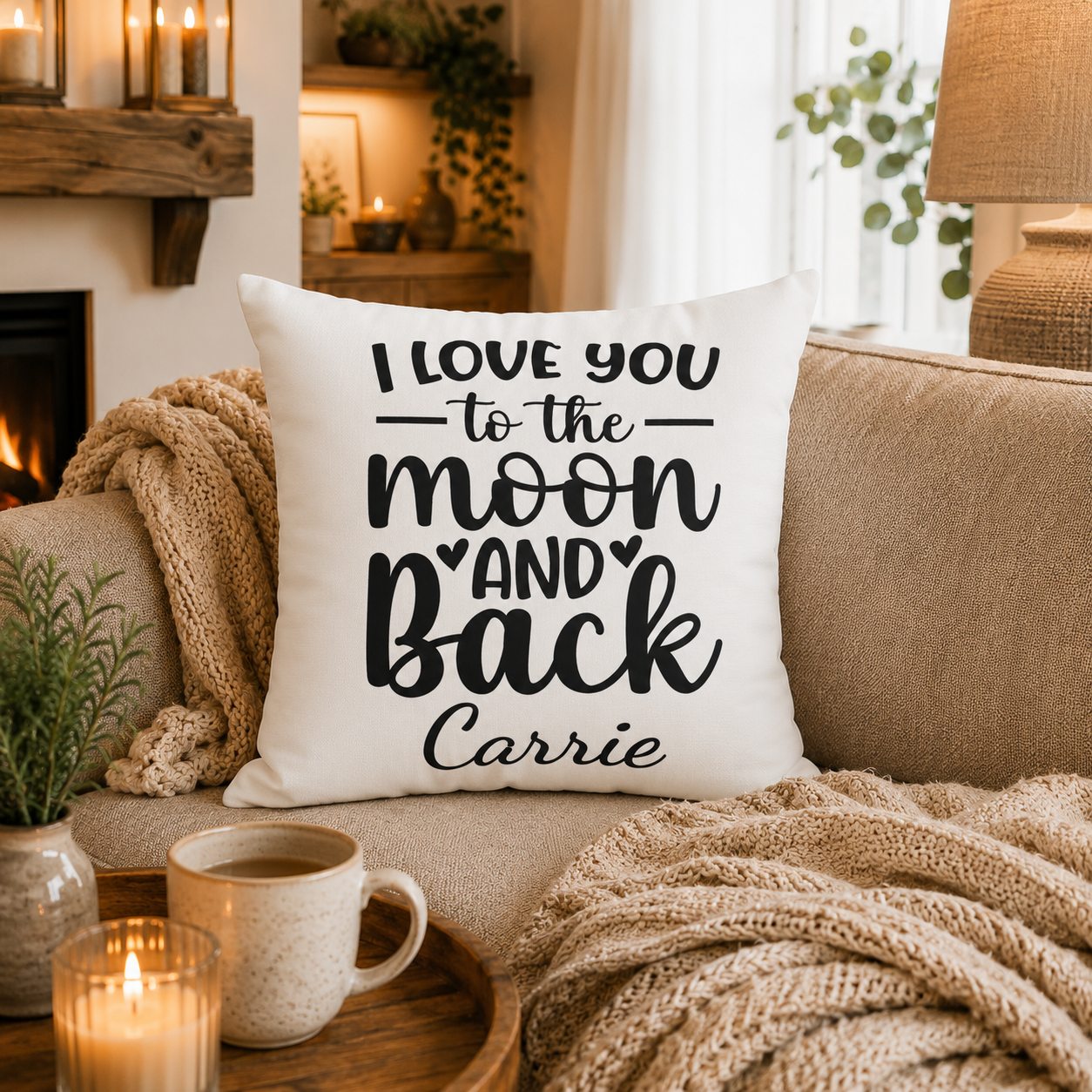 Close-up of mixed script and bold typography on I Love You to the Moon and Back pillow