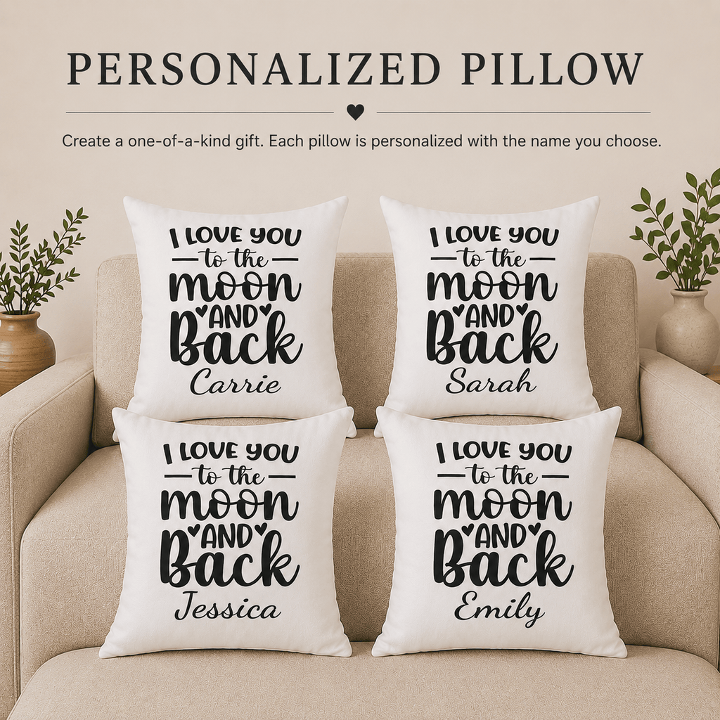 I Love You to the Moon and Back pillow lifestyle photo — romantic personalized gift