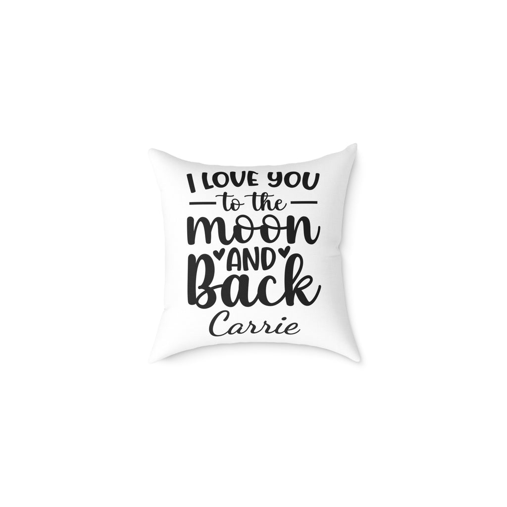 Personalized I Love You to the Moon and Back throw pillow with bold typography and custom name