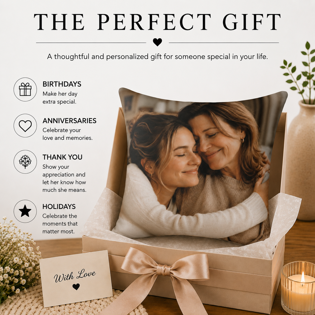 Mom photo pillow lifestyle — personalized picture gift for mom in cozy home setting