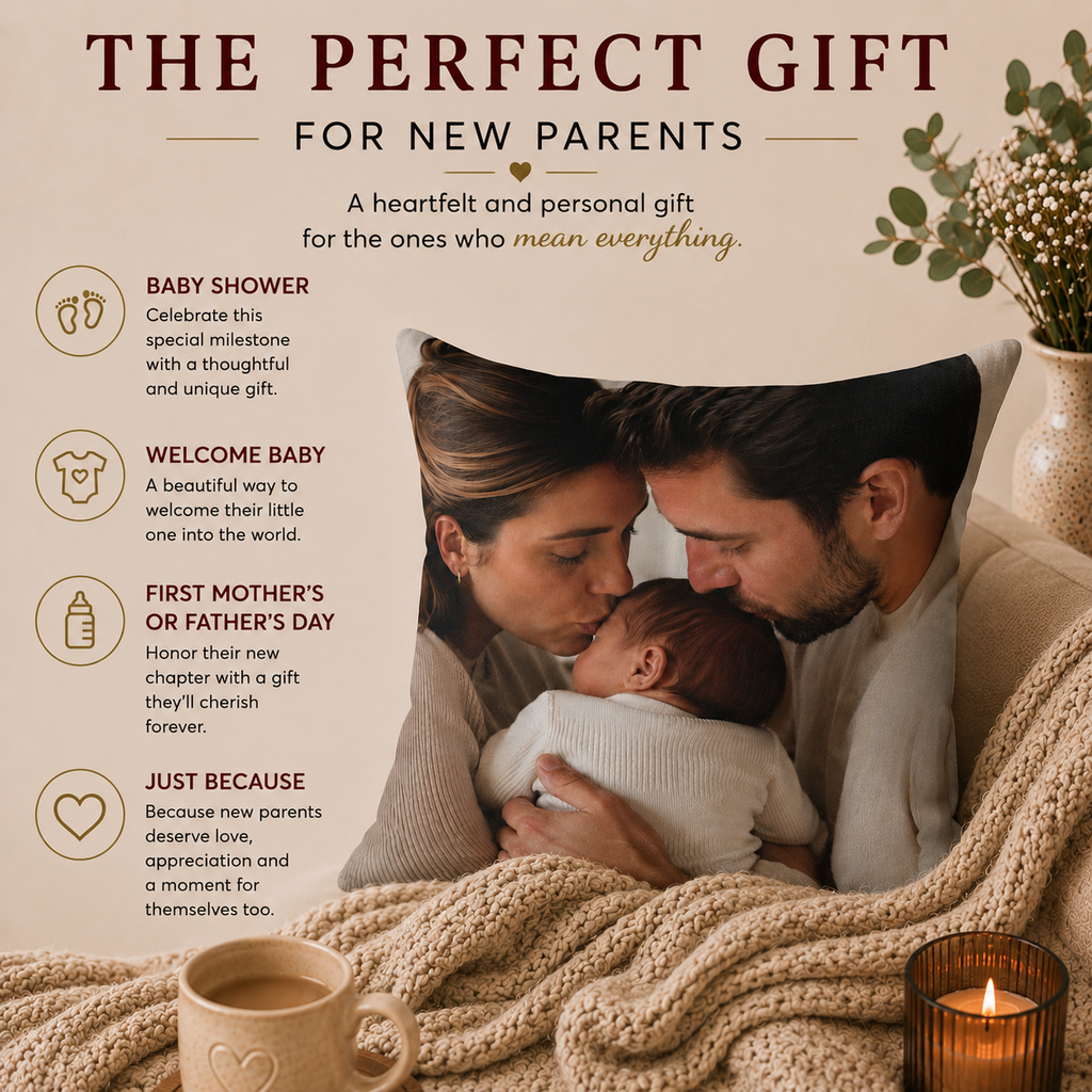 New parents photo pillow lifestyle — personalized picture gift on couch