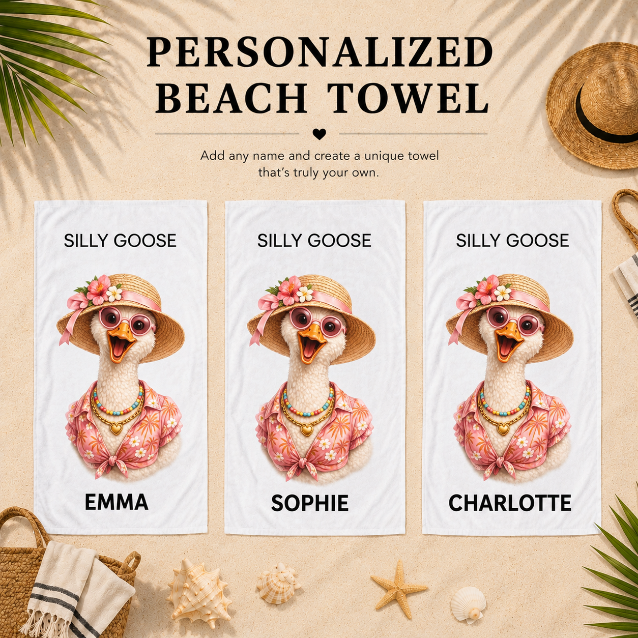Silly Goose beach towel her close-up print quality — personalized custom name gift