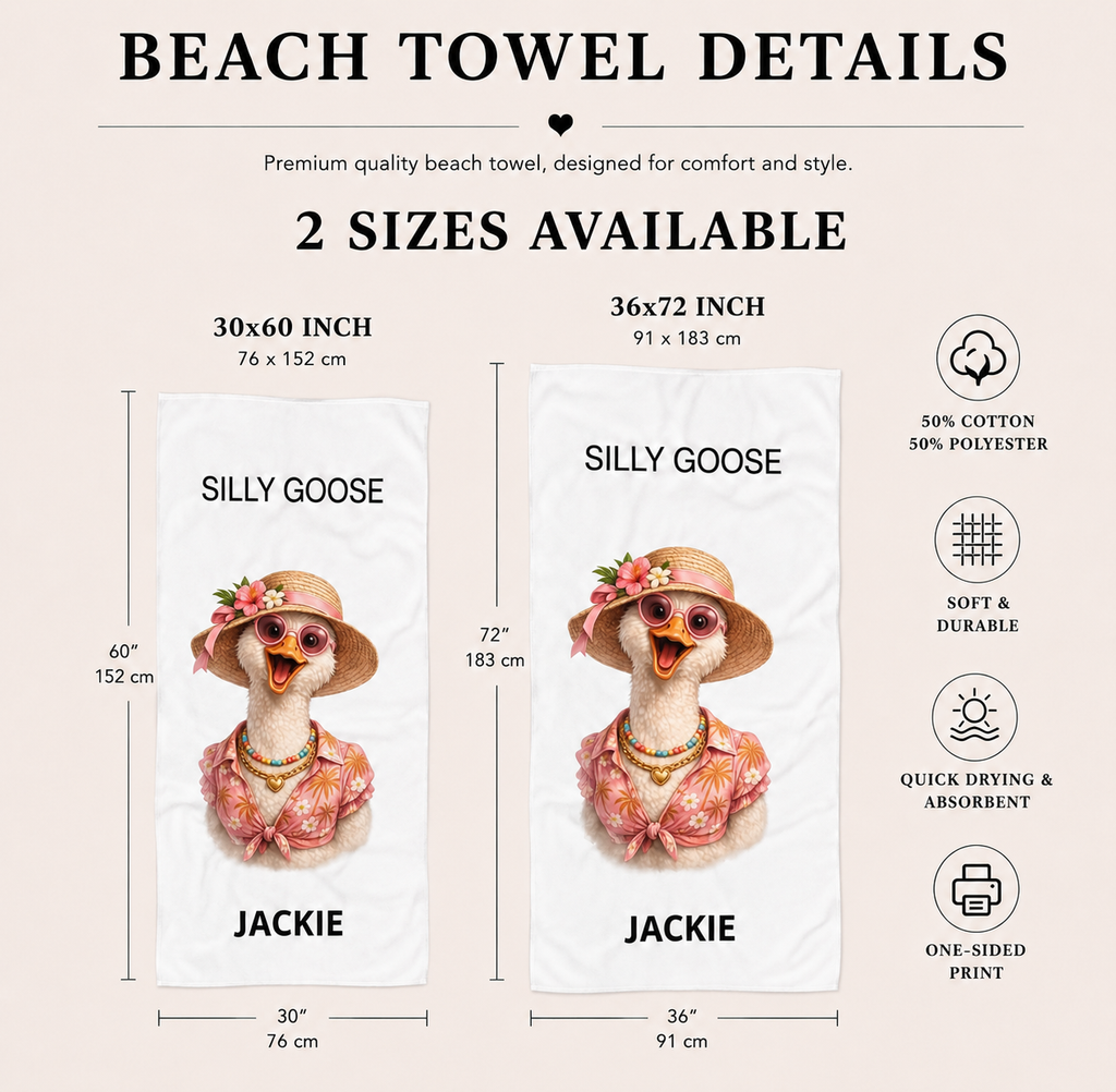 Silly Goose personalized towel for her flat lay — one silly goose vacation gift