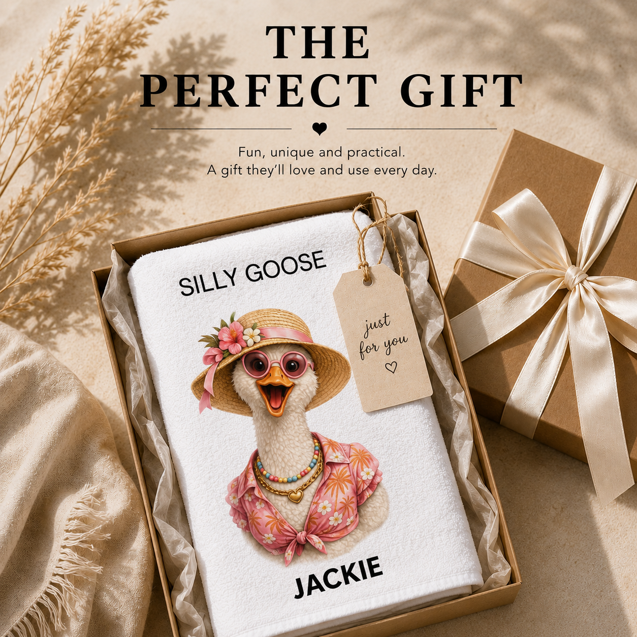 Perfect gift infographic — Silly Goose personalized beach towel for her