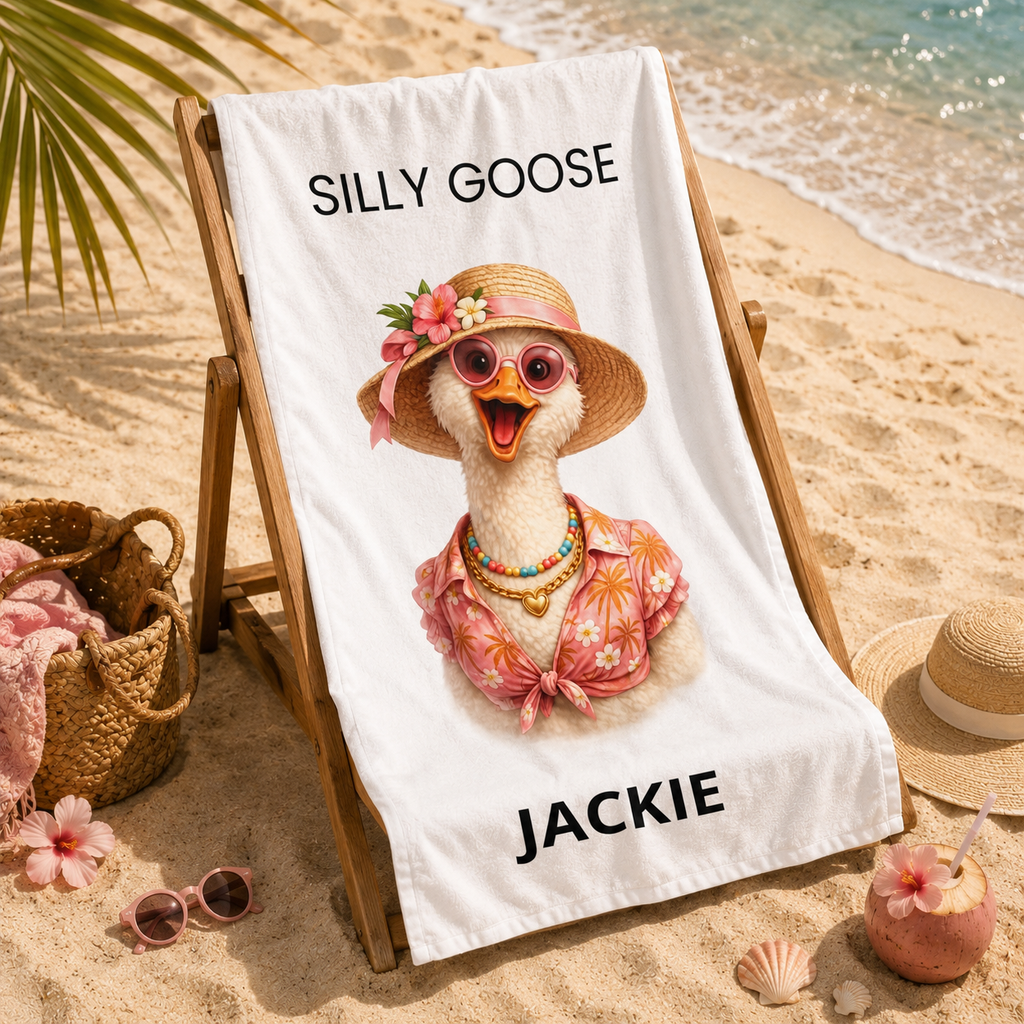 Silly Goose beach towel her size comparison — 30x60 and 36x72 custom name towel