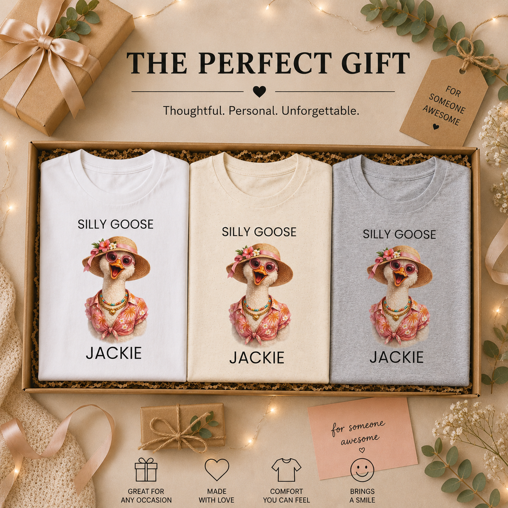 Silly Goose t-shirt white mockup — custom name funny shirt for her
