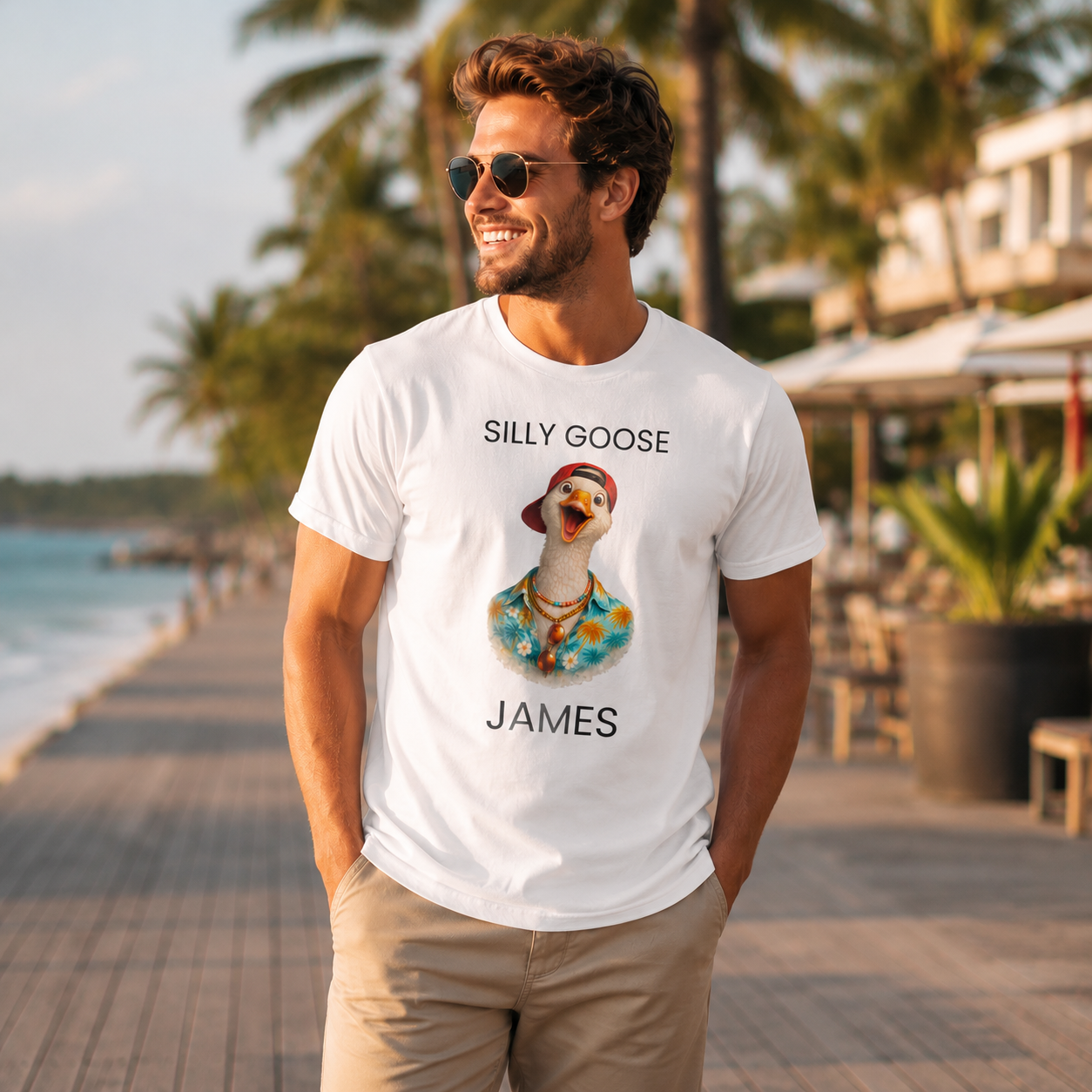 Silly Goose shirt natural color mockup — personalized vacation cruise shirt