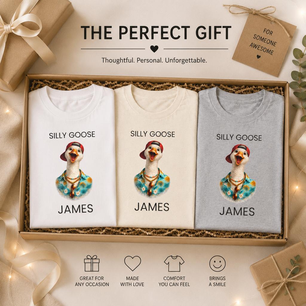 Silly Goose t-shirt size guide — S to 2XL personalized name shirt for him