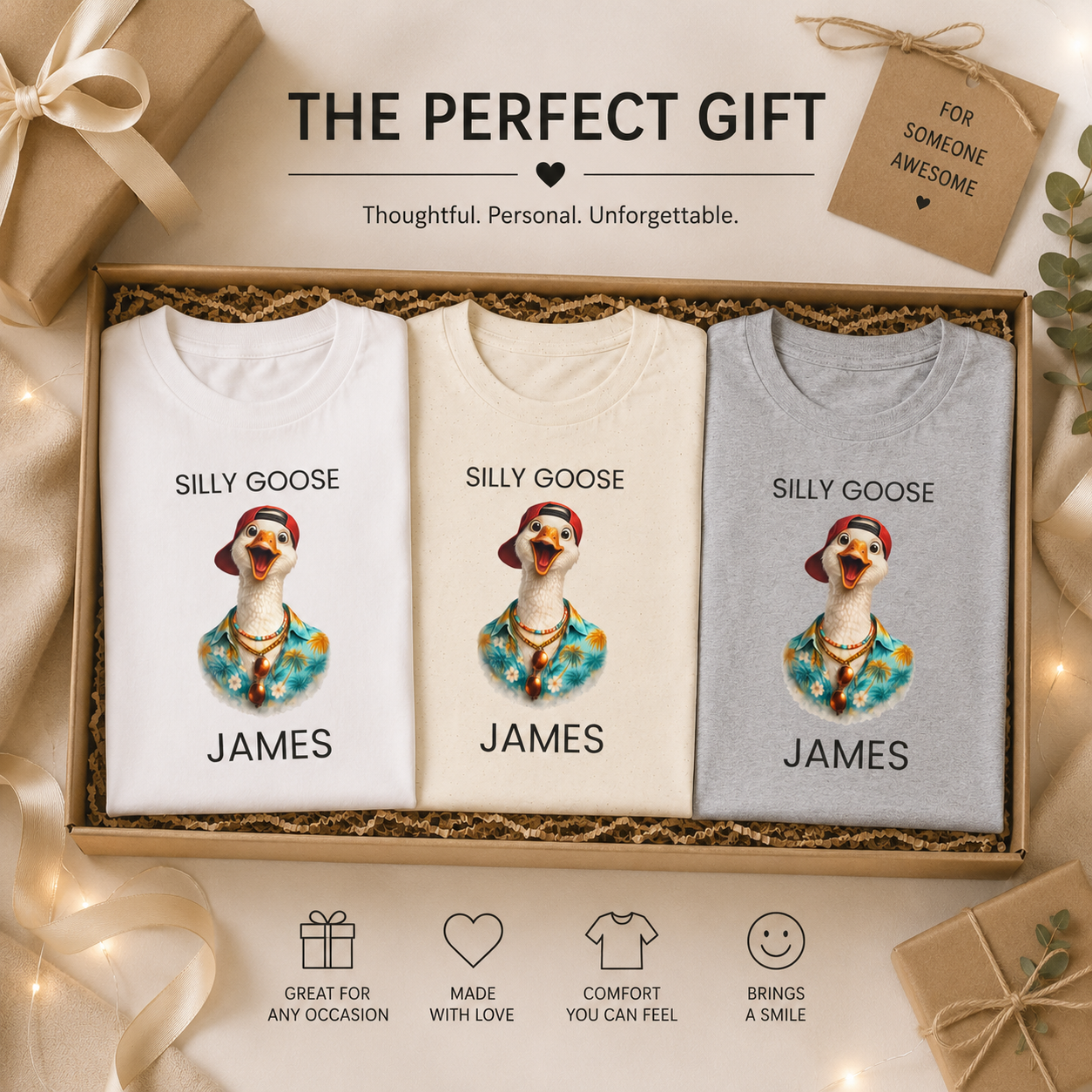Silly Goose t-shirt size guide — S to 2XL personalized name shirt for him