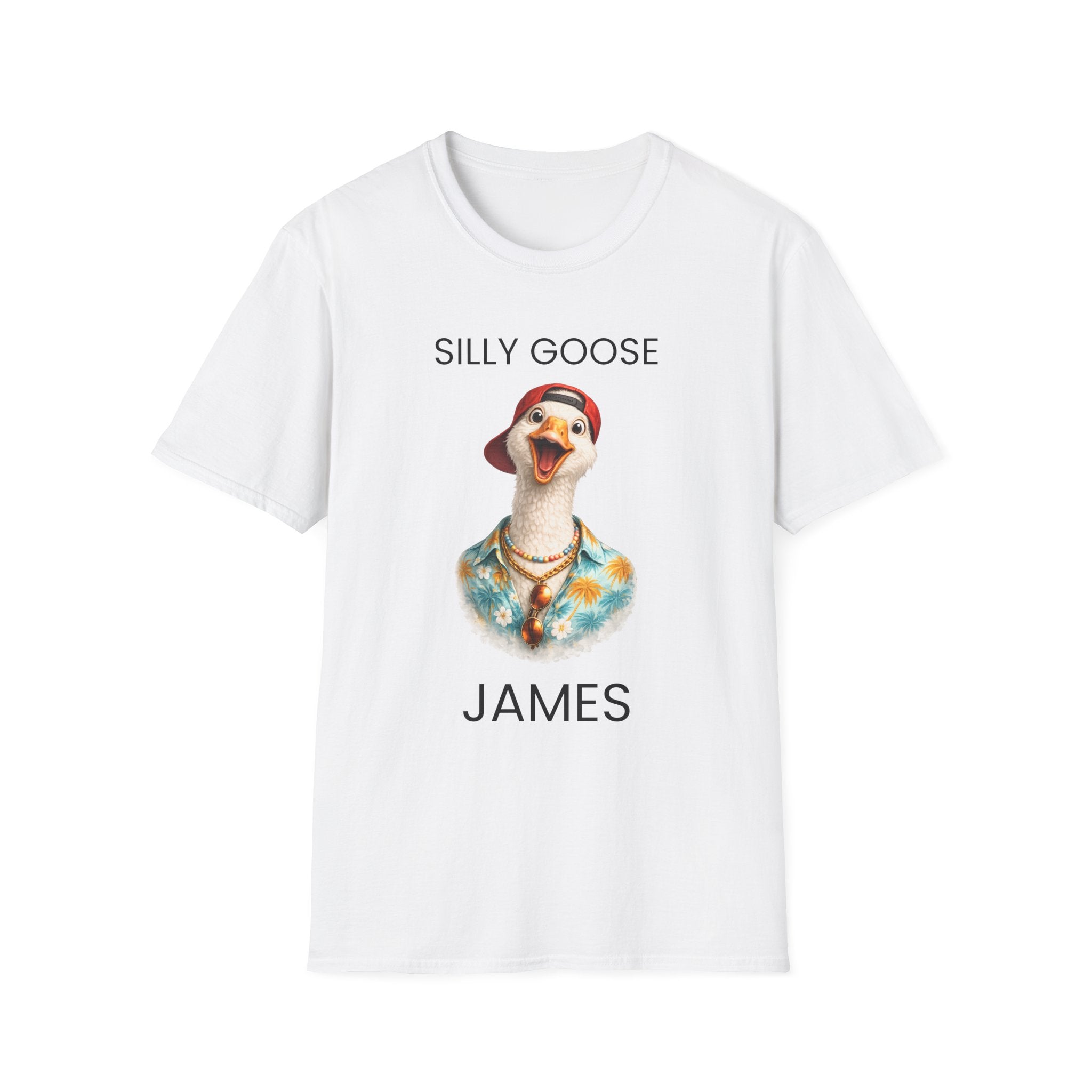 Silly Goose personalized t-shirt for him — custom name funny vacation shirt in white