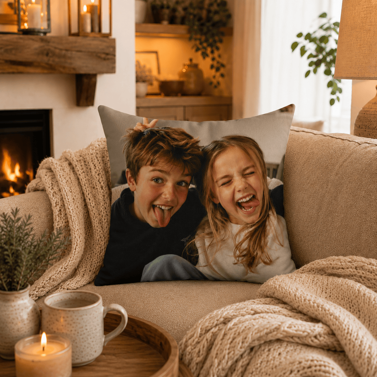 Sister photo pillow lifestyle — custom picture gift for sister on couch