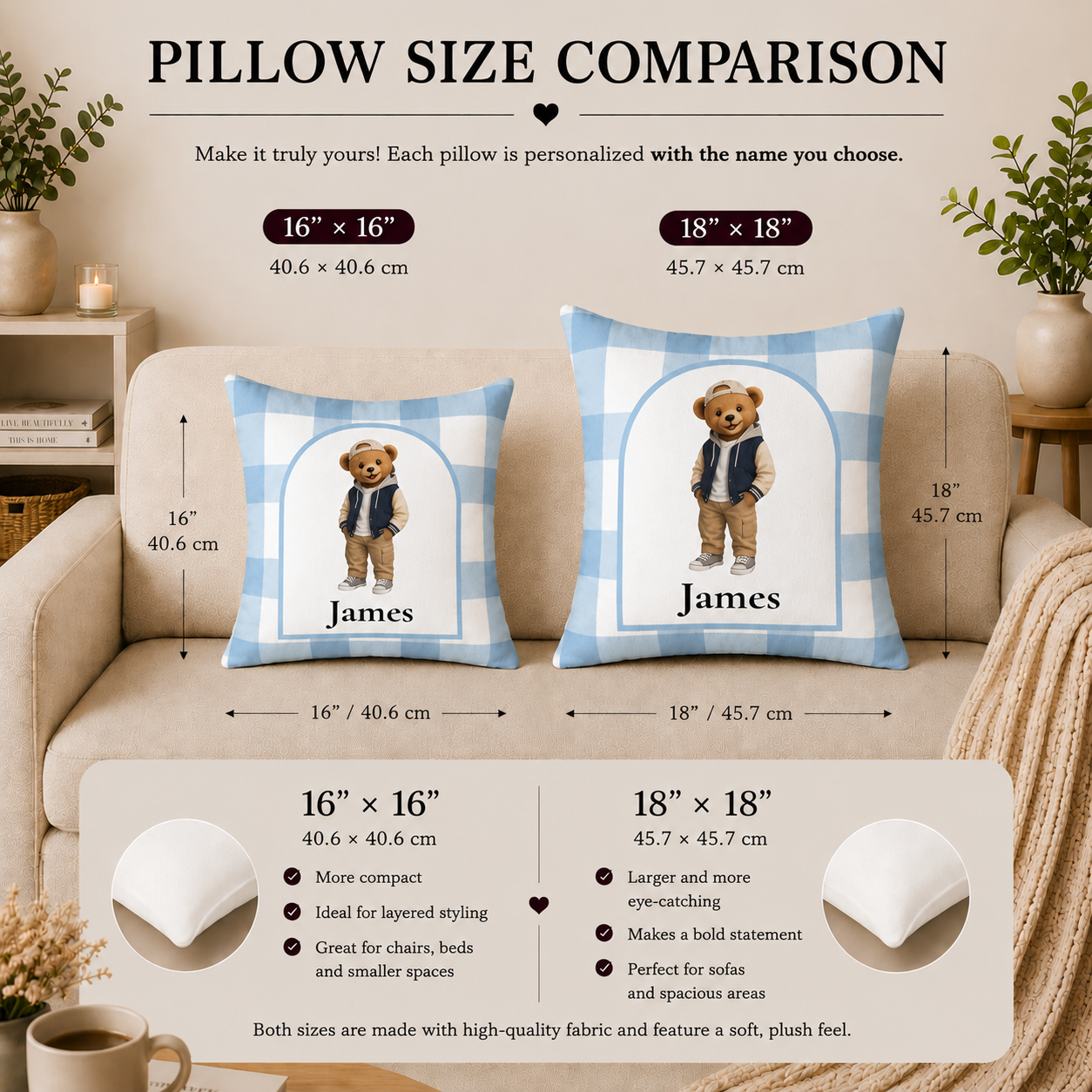 Teddy bear boy pillow lifestyle in nursery — personalized name gift for baby boy
