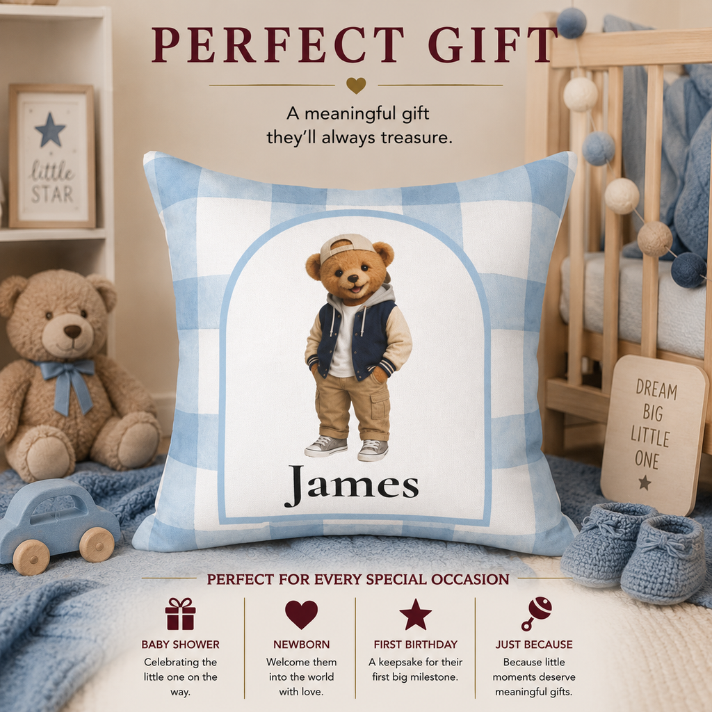 Teddy bear boy pillow lifestyle — personalized custom name gift for baby boy in nursery