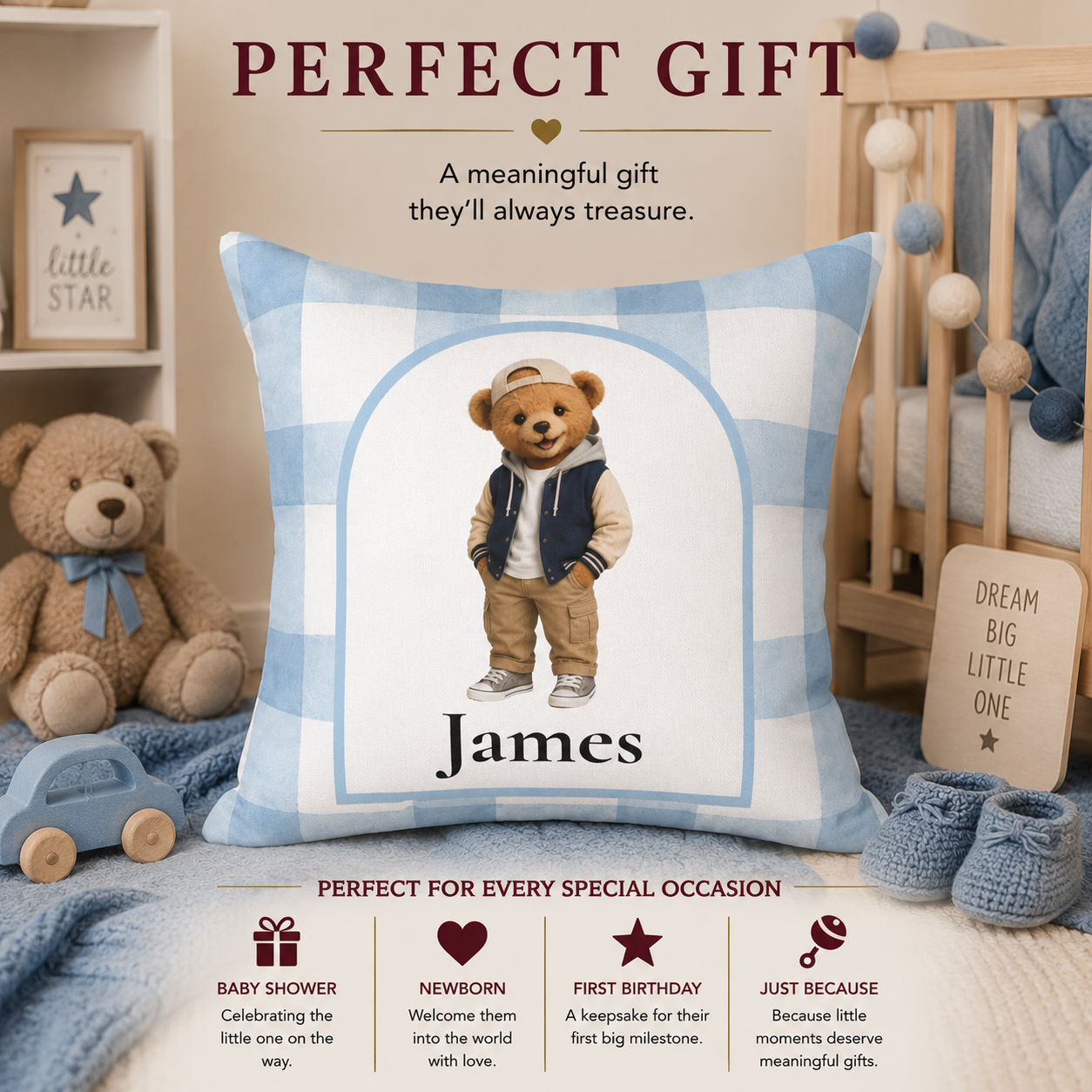 Teddy bear boy pillow lifestyle — personalized custom name gift for baby boy in nursery