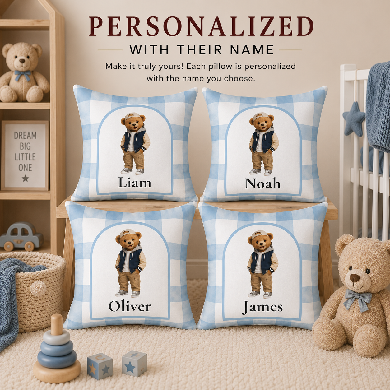 Personalized name detail on teddy bear boy pillow — blue arch frame design